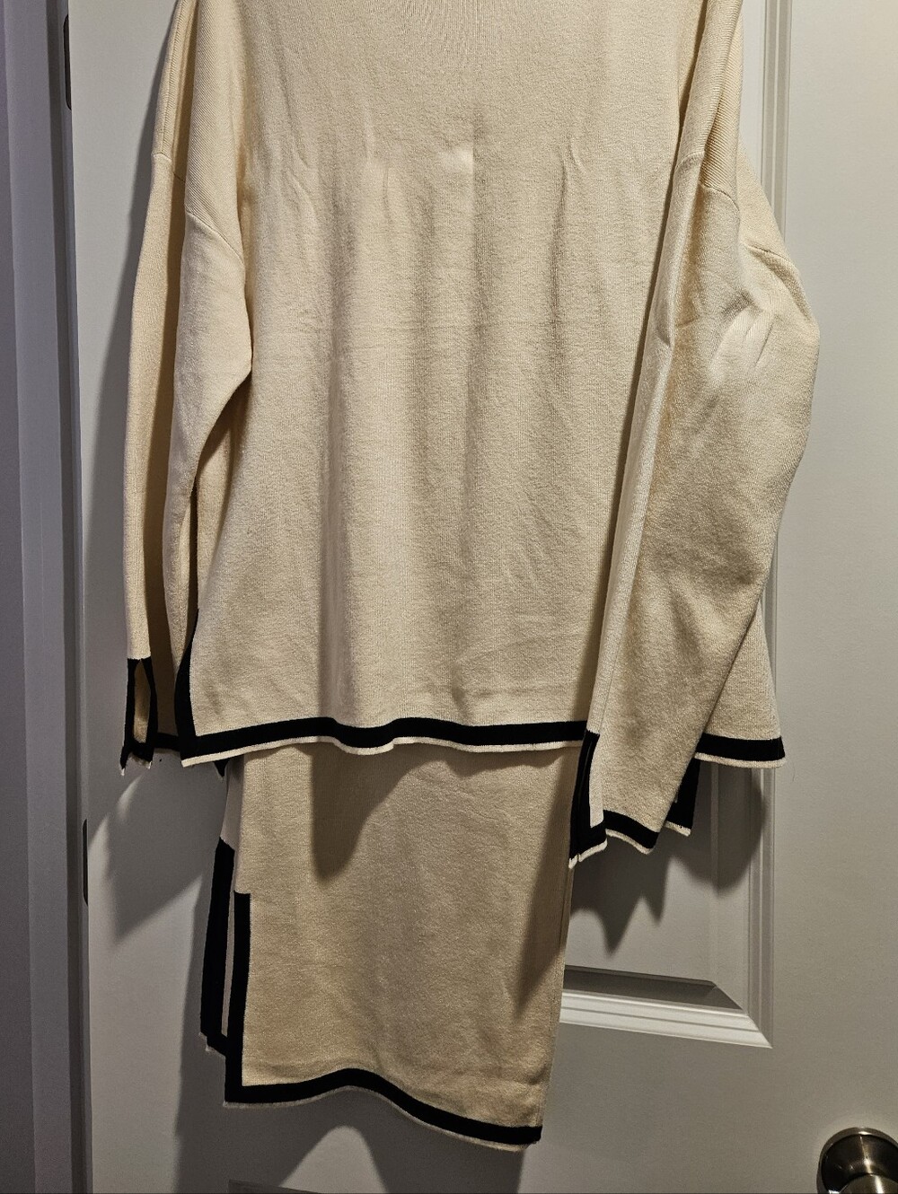 Cream Two-Piece Knit Top and Wide Leg Pant Set with Black Trim - Picture 4 of 8